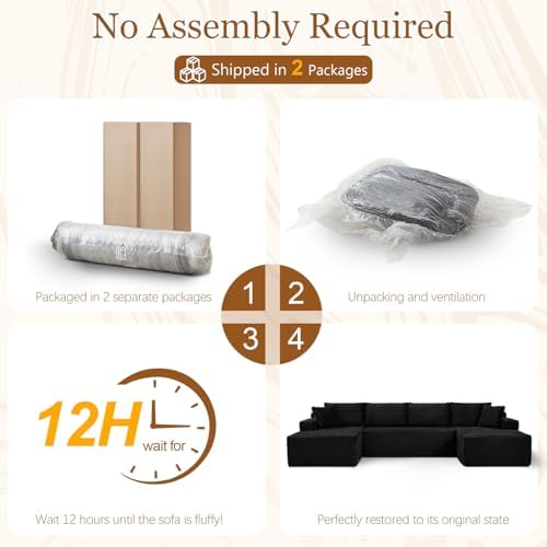 134 Inch Modular Sectional Sleeper Sofa, Cloud Couch for Living Room, U Shaped 5 Seat Sofa with 2 Storage Pockets& 2 Cup Holders, Free Combination, No Assembly Required (Black)