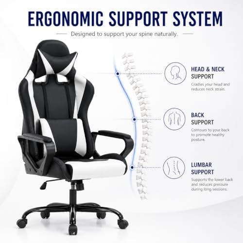 BestOffice High-Back Gaming Chair PC Office Chair Computer Racing Chair PU Desk Task Chair Ergonomic Executive Swivel Rolling Chair with Lumbar Support for Back Pain Women, Men,White