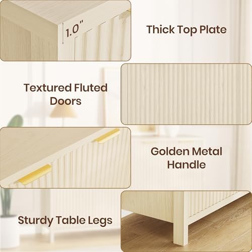Fluted Buffet Cabinet with Storage, 55" Sideboard Cabinet with 4 Doors, Modern Credenza Accent Console Cabinet Coffee Bar Table for Living Room Dining Room Hallway, Natural