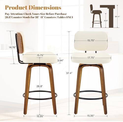 Counter Height Bar Stools Set of 3, 26+inch Swivel Faux Leather Barstool with Back, Upholstered Mid-Century Modern Bar Chairs with Bent Wood Legs for Kitchen Counter, Dining Room, Cream White