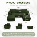 107" U Shaped Couch, Modular Sectional Sofa with Storage, 3-Seater High Density Foam Couch with Ottoman, 27" Deep Corduroy Cloud Couch for Living Room, Tool-Free Assembly, Green