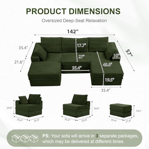 107" U Shaped Couch, Modular Sectional Sofa with Storage, 3-Seater High Density Foam Couch with Ottoman, 27" Deep Corduroy Cloud Couch for Living Room, Tool-Free Assembly, Green