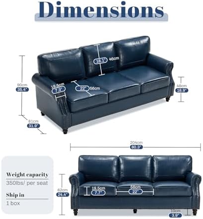 Kingfun Mid-Century Modern Couch, Faux Leather Sofa, 3 Seater Couch for Living Room with Rolled arms & Nailhead Trim, Blue