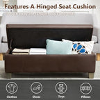 51 Inch Storage Ottoman, Storage Bench with Safety Hinge, Upholstered Synthetic Leather Ottoman Bench for Bedroom, Living Room, Entryway, Hallway, Foot Rest, Support 500lbs, Brown