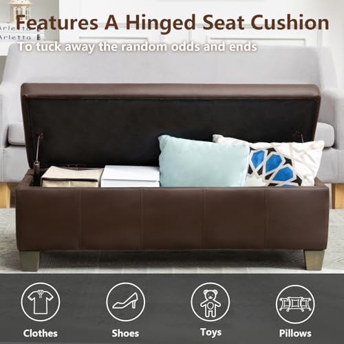 51 Inch Storage Ottoman, Storage Bench with Safety Hinge, Upholstered Synthetic Leather Ottoman Bench for Bedroom, Living Room, Entryway, Hallway, Foot Rest, Support 500lbs, Brown