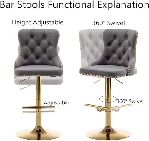 Cinxzar Gold Velvet Bar Stools Set of 4, Swivel Counter Height Bar Stools with Nailheads Trim, Adjustable Barstools for Kitchen Island, Pub, Club (Grey)