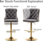 Cinxzar Gold Velvet Bar Stools Set of 4, Swivel Counter Height Bar Stools with Nailheads Trim, Adjustable Barstools for Kitchen Island, Pub, Club (Grey)