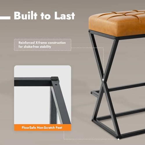 Bar Stools Set of 2, 26 Inch Counter Height Stool Faux Leather Brown | Backless Counter Stools with X-Frame Metal Legs, 3.3" Upholstered Seat, Mid-Century Modern, for Kitchen Island, Home Bar