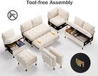 Vipbear 7 Seat L Shaped Modular Sectional Sleeper Sofa Bed with Ottoman/Pull Out Bed/Reclining Backrest/USB Ports/Table/LED Light/Storage Seat, Tool-Free Assembly, Chenille Beige