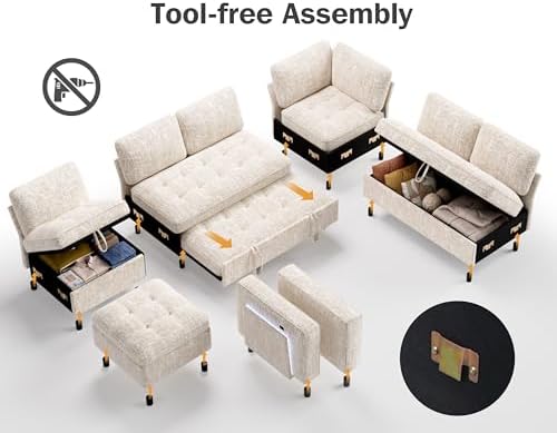 Vipbear 7 Seat L Shaped Modular Sectional Sleeper Sofa Bed with Ottoman/Pull Out Bed/Reclining Backrest/USB Ports/Table/LED Light/Storage Seat, Tool-Free Assembly, Chenille Beige