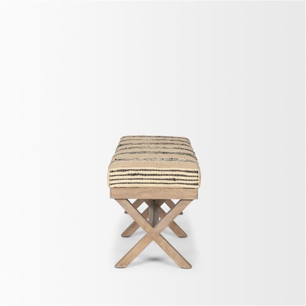 Pemberly Row Upholstered Accent Bench, 50L x 16W x 18.8H, Mango Wood Base, Beige/Black Stripe Jute Cushion, Farmhouse Global-Inspired Design, Versatile Kitchen or Living Room Seating