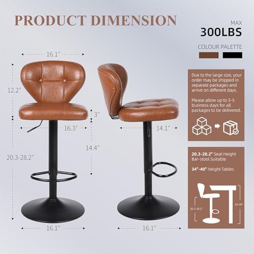 Bar Stools Set of 3 - Swivel Counter Height Barstools (Height Adjustable) | Modern Faux Leather Barstool/Chairs with High Backrest, 16.14" Large Base, Suitable for Kitchen Island, Dining Room (Brown)