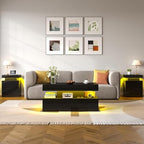 LUXOAK 3-Piece Modern Coffee Table Set with LED Lights | High-Gloss Finish, Coffee Table with Storage, 2 End Tables with Charging Stations, Living Room & Office Use, Black