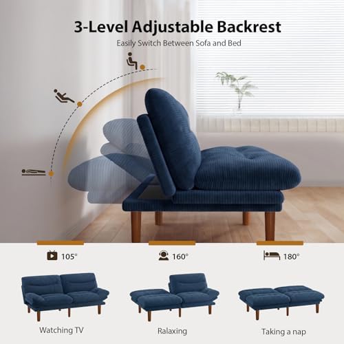Pipishell Futon Sofa Bed, Modern 66" Futon Couch Convertible to Bed & Lounger, Compact Size, Corduroy Loveseat, Durable Construction - Fits Small Spaces, Apartments,Study Room (Blue, 66 Inch)