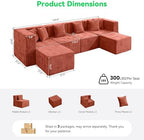 MONVANE U Shaped Sectional Couch Oversized, Chenille, Rust Red | 6-Seat Sectional Couch for Living Room, Modular Cloud Sofa with Ottoman & 6 Throw Pillows, No Assembly Required