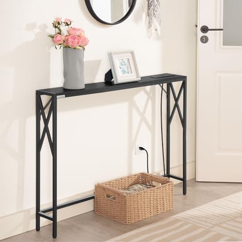 MAHANCRIS 5.9" Narrow Sofa Table with Charging Station, 39.4 Behind Couch Table with Outlet, Slim Entryway Console Table, Small Space, for Hallway, Living Room, Foyer, Black CTHB151E01