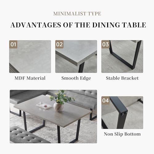 HIPIHOM Dining Table Set with Bench, Grey Table with Grey Right Seat Bench | 42.9 Inch MDF Tabletop with Corner sofa and 43.3 In Bench, Metal Legs for Family Dining Room Furniture, Apartment