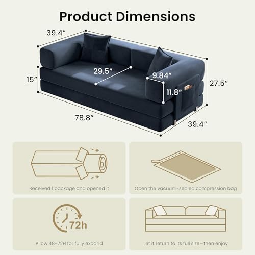 78.8" Convertible Futon Sofa Bed, Couch for Living Room | Corduroy Loveseat Sleeper Sofa, Modular Futon Couch with Storage Pocket, Pull Out Couch No Assembly | Royal Blue
