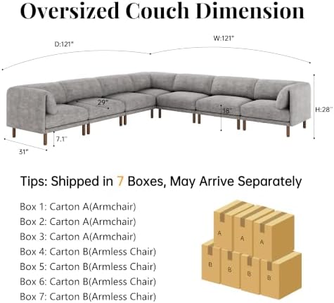 Cloud Sectional Couches for Living Room,Modular Sectional Sofa,Grey | V-Shaped Extra Deep 7 Seater,Mid Century Modern Oversized Sectional Couches with Solid Wood Leg,Large Sofa for Big Space