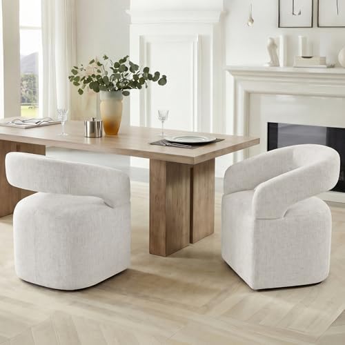 KISLOT Upholstered Dining Chairs Set of 4, Modern Arm Kitchen & Dining Room Chairs with Hidden Casters, Linen Fabric Padded Rolling Chairs, Sturdy Wood Frame, 300 lbs Capacity, Beige