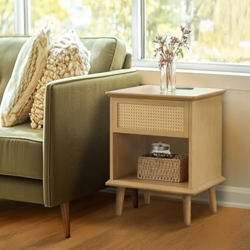 Ink+Ivy End Table with Handwoven Rattan Design, Night Stand with Storage Drawers and Shelves, Equipped with Charging Function and LED Light, Solid Wood Material, for Bedroom, Small Space