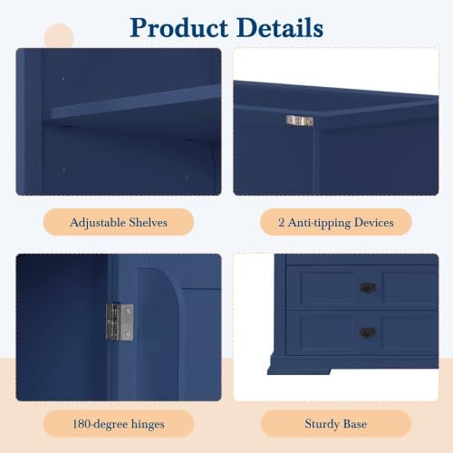 Merax 63 inch Kitchen Pantry Storage Cabinet, Freestanding Buffet Cabinet with Hutch, Drawers, Adjustable Shelves & Microwave Spot, for Dining Room, Kitchen, Blue