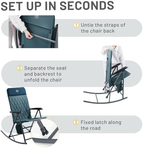 Timber Ridge 3-Level Adjustable Rocking Camping Chair, Ergonomic Padded High Back, Supports 300 LBS, Stable Anti-Tip Rocker, Hard Armrests for Easy Standing, Portable for Patio, Lawn & Tailgating