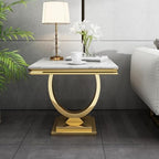 Modern Luxury Faux Marble End Table with Polished Gold Stainless Steel Base Square White Marble Side Table Elegant Small Bedside Table for Living Room Bedroom Office