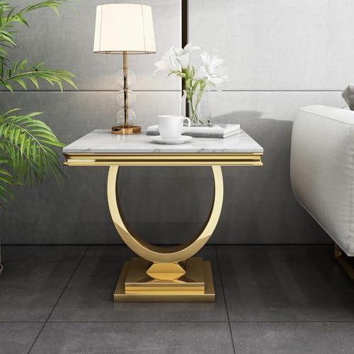 Modern Luxury Faux Marble End Table with Polished Gold Stainless Steel Base Square White Marble Side Table Elegant Small Bedside Table for Living Room Bedroom Office