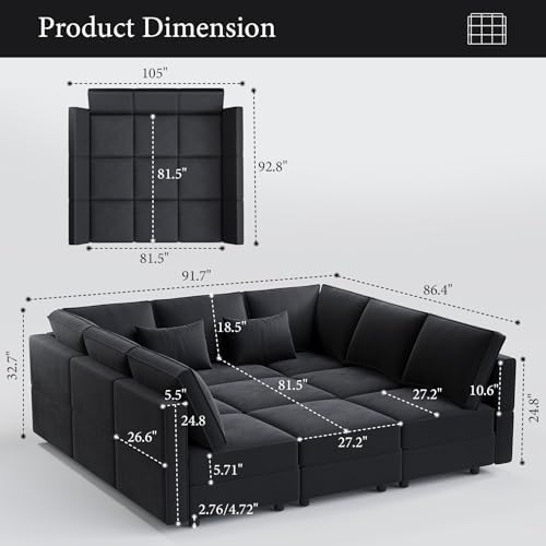 Vesgantti 92" 9 Seats Modular Sectional Sleeper Sofa with Storage, Black | FSC-certified hardwood frame, Pet-friendly velvet upholstery, Adjustable backrests and armrests, Two leg height options