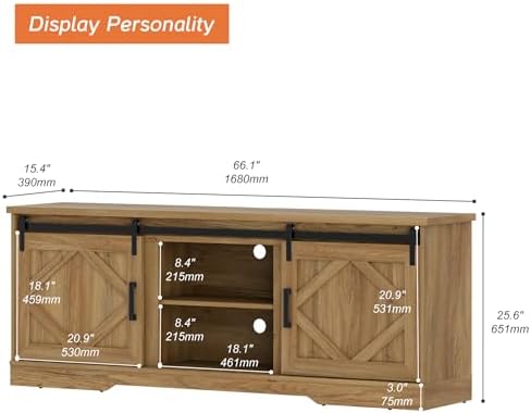 WAMPAT Farmhouse Style TV Stand for 60-75 inch TV w/Distressed Wood Finish | 66.1"L*15.4D"*25.6"H, TV Cabinet with Cable Management,Sliding Barn Door,Adjustable Media Shelf,Hidden Storage Space