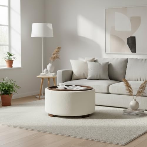 Zihanhome 30 Inch Round Storage Ottoman, Ottoman Coffee Table with Lift Off Lid, Boucle Modern Ottomans with Storage for Living Room, Bedroom, Apartments (Beige)