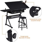 Yaheetech Adjustable Drafting Table Art Desk,Storage Drawers & Stool,Black | MDF tabletop tilts 0-60° on a metal frame for drawing, crafts, and homework, with two supply drawers and a matching stool.