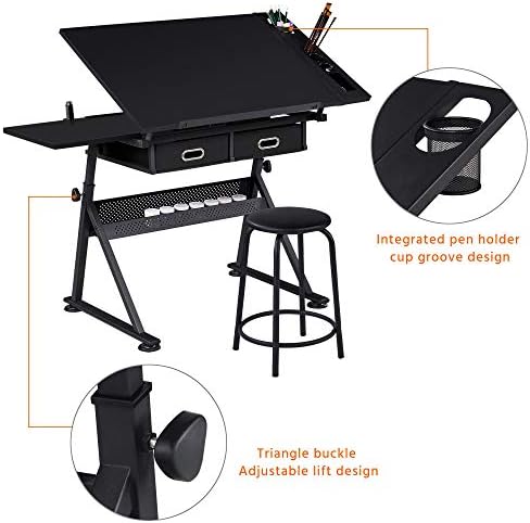 Yaheetech Adjustable Drafting Table Art Desk,Storage Drawers & Stool,Black | MDF tabletop tilts 0-60° on a metal frame for drawing, crafts, and homework, with two supply drawers and a matching stool.
