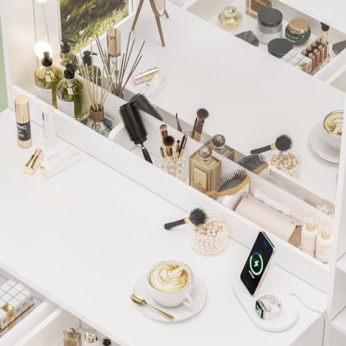 35.4” Makeup Vanity Desk with Charging Station, White Makeup Dressing Table with Mirror & Lights, 3 Lighting Modes Adjustable Brightness, Vanity Table with Power Outlet & 5 Drawers Round Handle