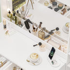 35.4” Makeup Vanity Desk with Charging Station, White Makeup Dressing Table with Mirror & Lights, 3 Lighting Modes Adjustable Brightness, Vanity Table with Power Outlet & 5 Drawers Round Handle