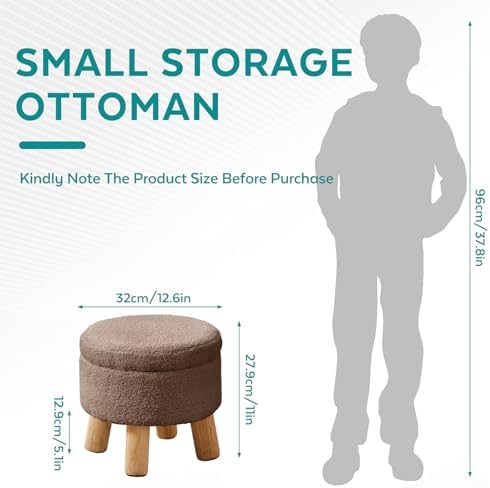 Small Foot Stool Ottoman with Storage, Sherpa Ottoman Foot Rest for Couch, Round Footstool with Storage, Small Ottomans and Footstools for Living Room and Entryway (Brown)