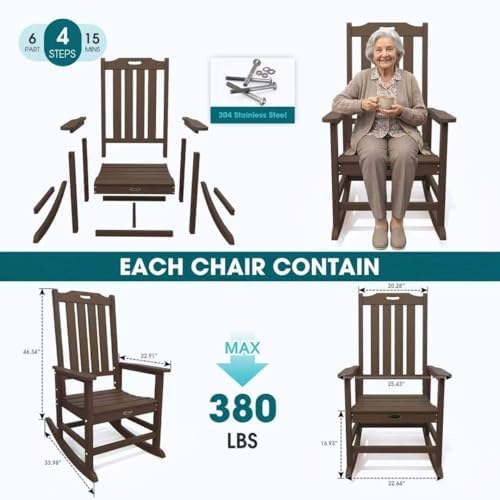 THOEOE Outdoor Rocking Chairs Set of 2, Oversized Patio Rocking Chair | HDPE Outdoor Rockers for Front Porch, Patio, Backyard, Balcony and Garden. All-Weather High Back Design, Brown