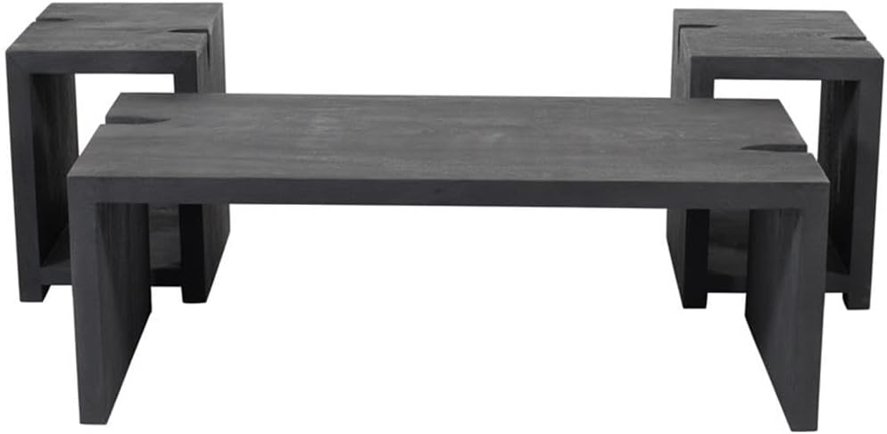 Pemberly Row 3-Piece Cocktail Table Set, Reclaimed Solid Wood, Ebony Gray Finish, Includes 1 Coffee Table and 2 End Tables, Mid-Century Modern Style, Unique Carvings for Living Room Decor