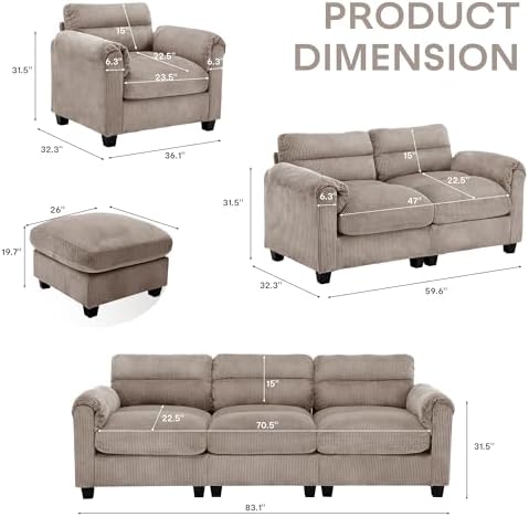 HAOMARKETS Corduroy Sofa Set, Upholstered Ottoman Footrest, Modern Living Room Furniture Sets,Brown