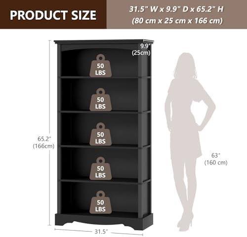 TVU 5-Tier Wooden Bookshelf, 31.5" W x 65" H ×9.9" D Bookshelf with Storage, Floor Standing Modern Style Display Bookcase for Living Room, Office, Study Room, Entryway, Black