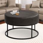 Modern Round Coffee Table, Farmhouse Ottoman for Living Room, Large Vintage Faux Leather Coffee Tables with Leather Upholstered Padded Seat [Round, Vintage Black, 30'']