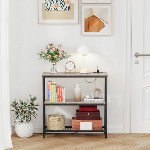 Snughome 3 Tier Narrow 29.5" Console Table with Power Outlets (Grey) | Thin Sofa Side Display Table, Small Entryway Table with 2 USB, 2 Power Outlets, Behind Couch Table, for Living Room, Hallway