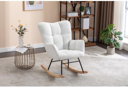 Rocking Chair, Upholstered Teddy Fabric Glider Chairs, Lounge Accent Armchair with Thick Cushion and High Backrest, Accent Rocking Chair for Bedroom, Living Room, Ivory