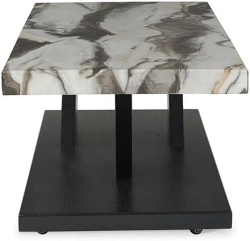 BOWERY HILL Coffee Table Set, 3-Piece, Faux White Marble Tops, Black Wood Frames, Built-in Casters, Includes 1 Coffee Table and 2 End Tables, Contemporary Living Room Furniture Set