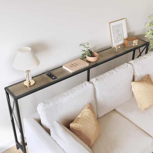 Gewudraw 70" Sofa Table Behind Couch with Socket-Narrow Console Table | Industrial Style, Long Skinny Design,Couch Table For Hallway,Living Room,Bedroom, Built-In Power Outlets & USB, 172cm Length