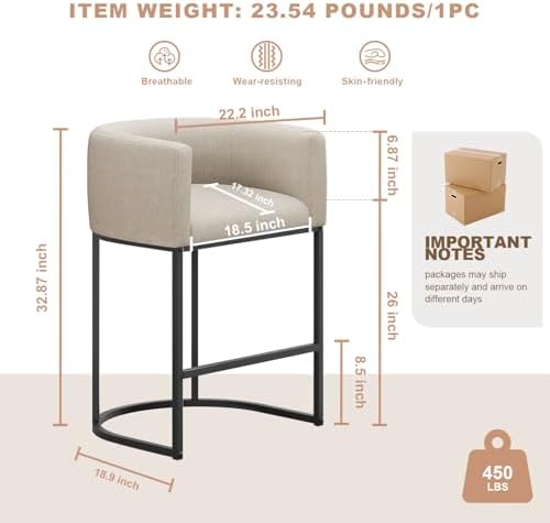 26" H Counter Height Bar Stools Set of 2, Modern Barrel Counter Stools with Backrest and Arms, Linen Fabric Upholstered Accent Barstools for Kitchen Island,Support 450 LBS (Beige)