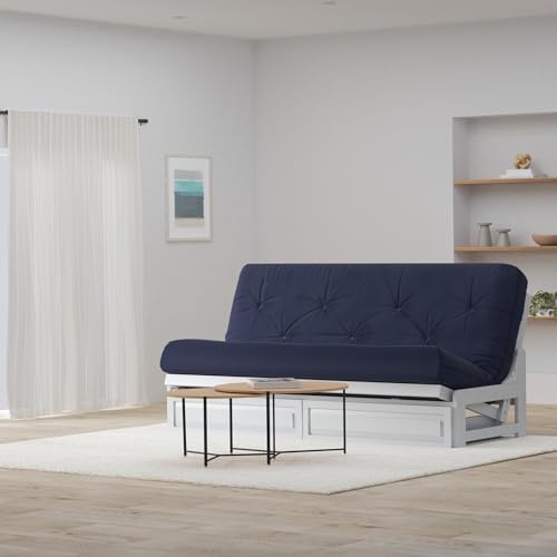Nirvana Futons Arden White Futon with Storage Drawers Queen Size - Minimalist Armless Design with 8 Inch Comfortable Mattress (Twill Navy Blue), Sofa Bed Available in