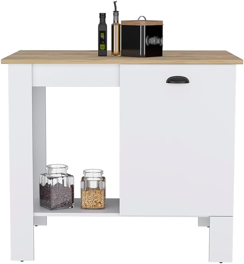 Kitchen Island, Single Door Cabinet, Shelf White/Macadamia | Includes two internal storage shelves for organized kitchen essentials