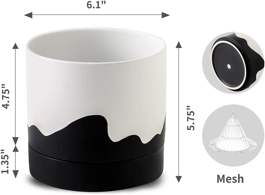 Nihow Ceramic Plant Pot: 6 Inch Planter with Drainage Hole & Saucer for Indoor & Outdoor Plants - Cylinder Round Flower Pot for Succulent/Herbs/Violets - White & Wave Black
